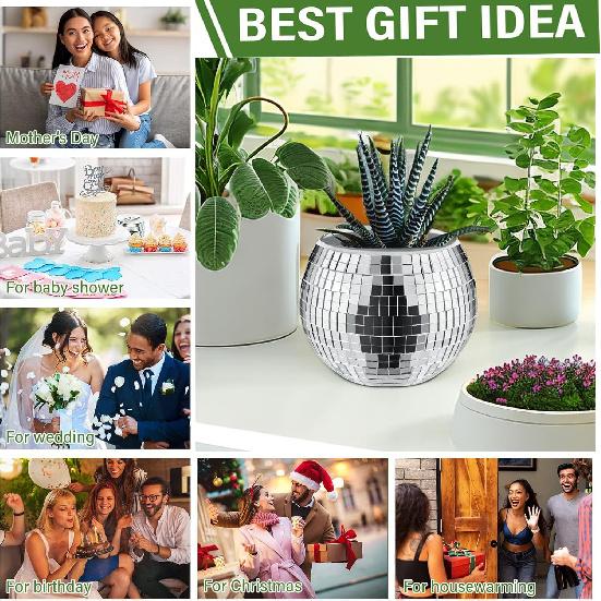 Disco Ball Planter,Disco Ball Vase,Disco Ball Flower Pot,Disco Ball Bowl,Disco Plant Holder,Silver Mirror Glass Disco Ball Decor Vase for Table