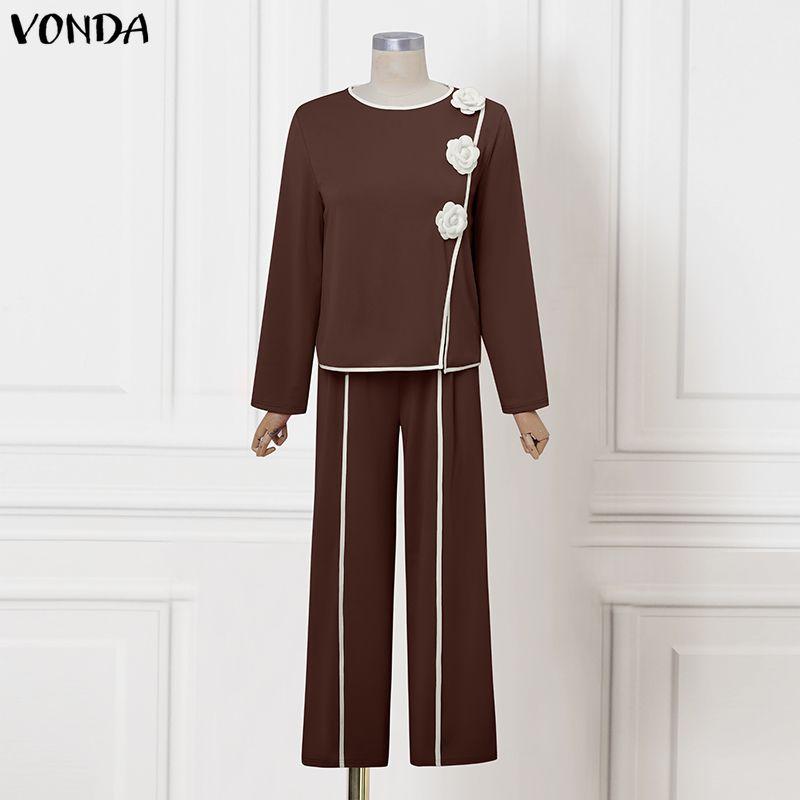 VONDA Two Piece Suit Women Retro Long Sleeve Splicing Blouse and Pants Casual Office Sets
