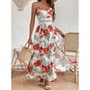 Damenkleid, Bedruckt, Träger-V-Ausschnitt, Häkelstich, Schlitzkleid, Geblümt, Bedrucktes Kleid