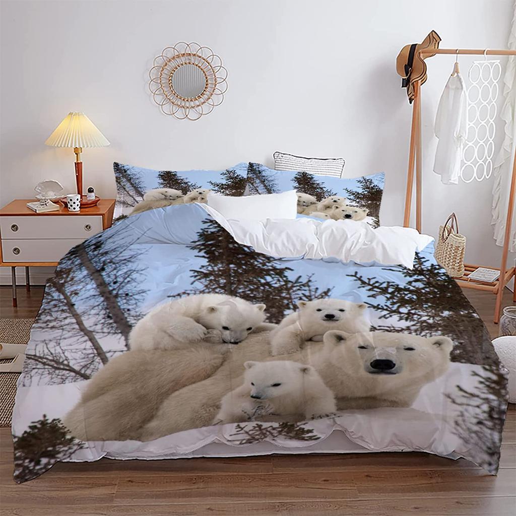 Polar Bear Duvet Cover Set King Queen Full Size Polyester Comforter Cover For Kids Boys Girls Wild Animals Pattern Bedding Set