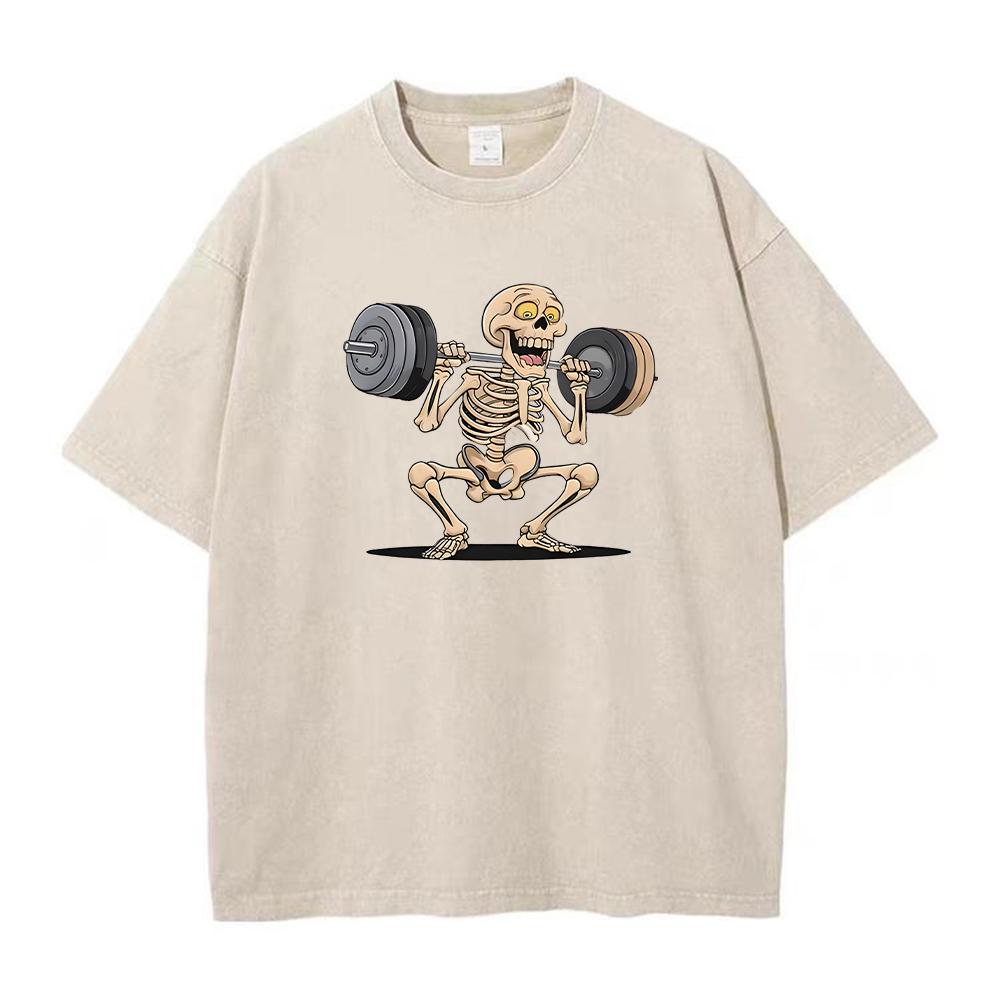 Mens Retro Distressed Washed TShirt With Fun Weightlifting Skull Print Fashionable Pure Cotton Short Sleeve Street Style Top