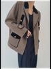 Autumn Winter Fashion Womens Woolen Twill Velvet Jacket Coat with Contrast Stitching