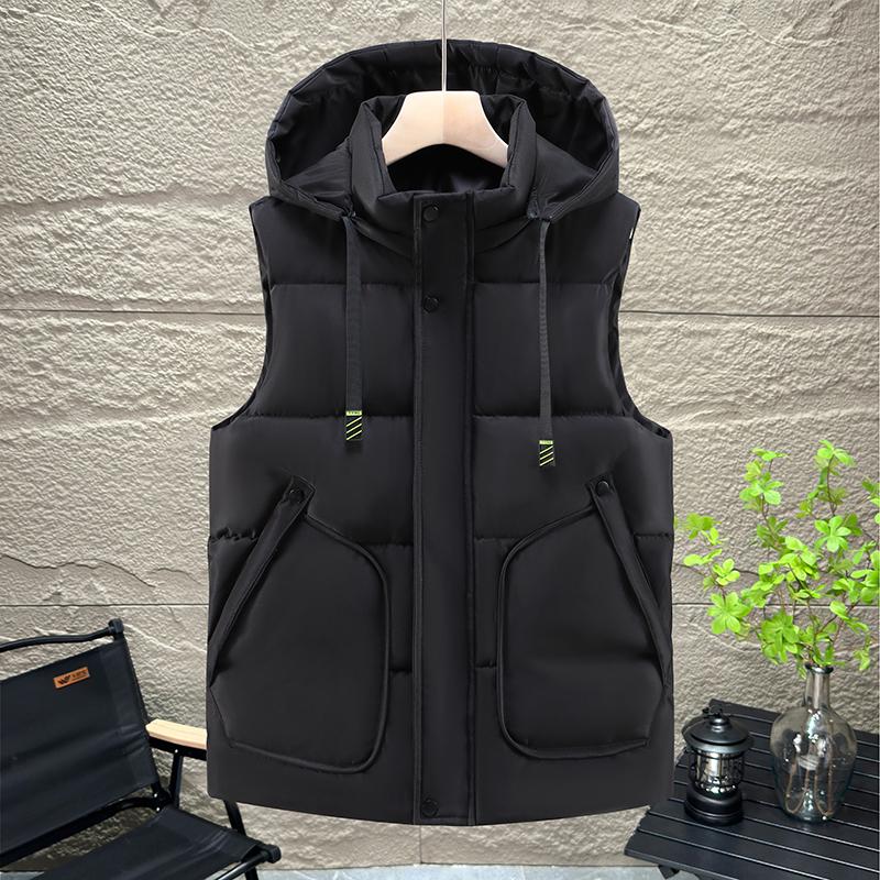 

Модный теплый жилет для мужчин, повседневные толстые куртки без рукавов с капюшоном на молнии, зимние мужские пальто больших размеров L чёрный