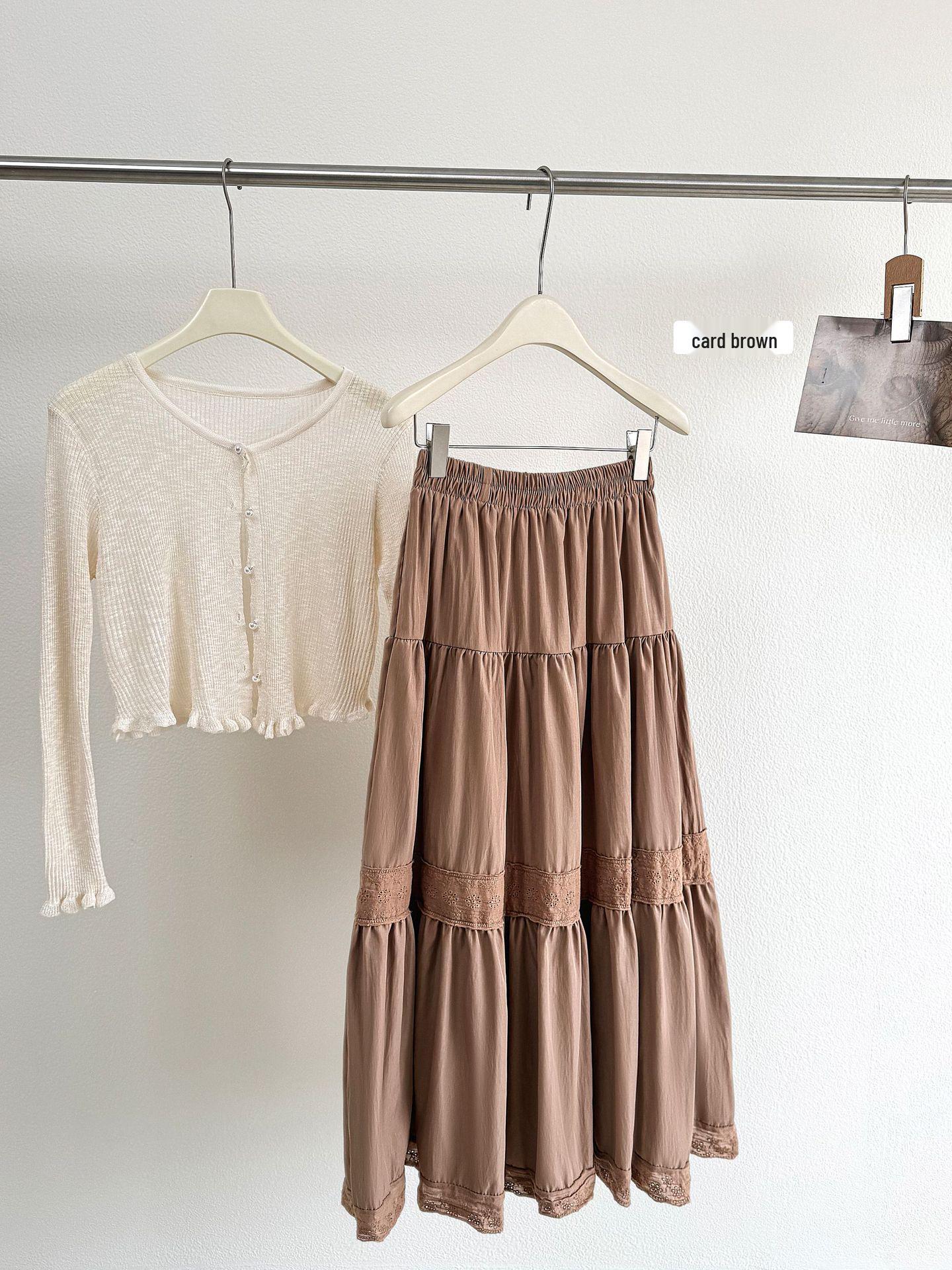 2026 Spring/Summer Women s Patchwork Lace Trim Macaron Skirt One Size коричневый/хаки
