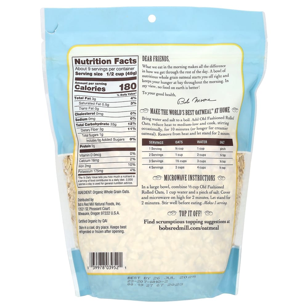 Bobs Red Mill Old Fashioned Rolled Oats Whole Grain 454g (16oz)