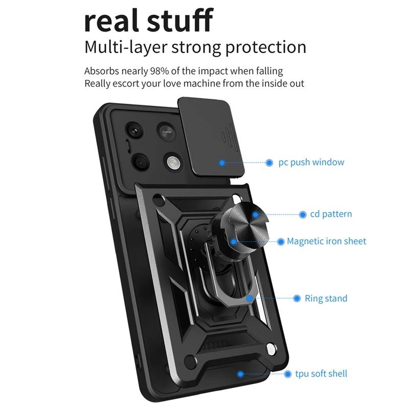 Armor Case For Xiaomi Poco F6 X6 M6 Pro M5 F5 X5 GT C65 C40 4G 5G Cover Lens Protection With Ring Magnetic Holder Coque Fundas