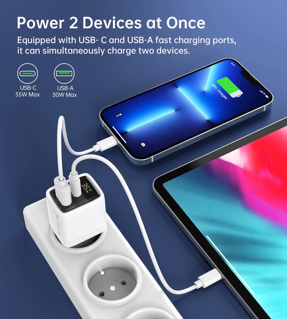 Ładowarka Sieciowa Choetech Pd6052 Usb-C Usb-A Pd 35W Gan Z Wyświetlaczem - Biała
