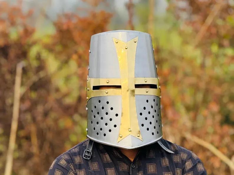 Templar Crusader Knight Helmet – Medieval Great Helm, Larp And Cosplay Helmet ,Handmade Steel & Brass Helmet , Collectible Gift