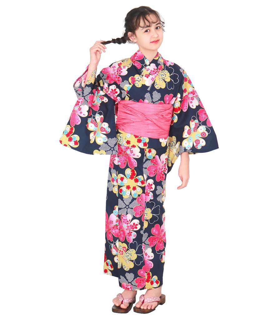 Yukata Set Junior Retro B Change Weave 2 Piece Set Heiko Girls All [KYOETSU] (Yukata, Obi) (150cm, 1. Flowers)