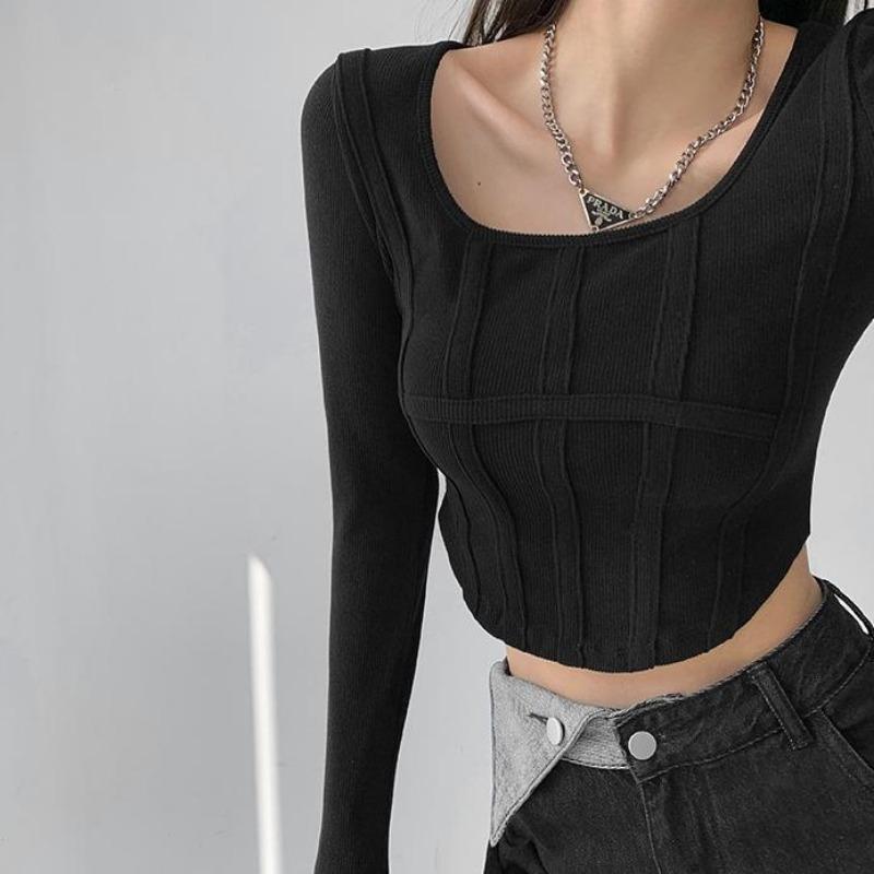 2KWEIRD Y2k T-shirt Girls Crop Tops Spring Women Long Sleeve O Neck Cotton Shirts Bustier Harajuku Pullover Streetwear All-match T-shirt