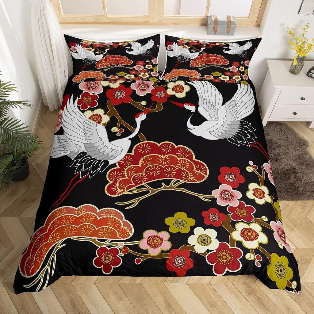 Crane Duvet Cover Twin King Traditional Chinese Style Painting Quilt Cover Chrysanthemum Flower Floral Bedding Set For Dorm Room