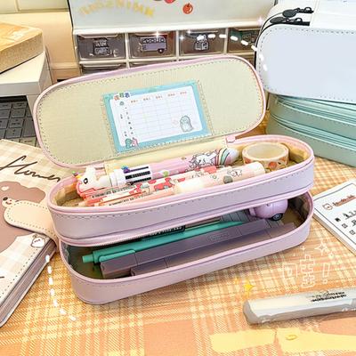 Doppellagiges Federmäppchen aus Kunstleder, niedliche Schreibwarentasche mit großem Fassungsvermögen, tragbare Stiftetasche für Schule und Büro