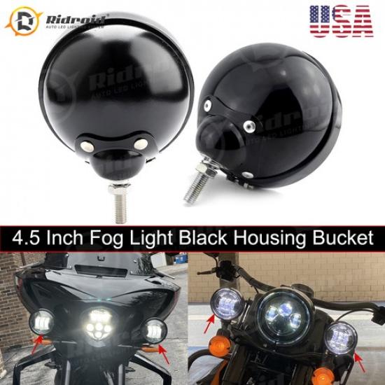 4.5 LED Auxiliary Spot Passing Fog Lights Lamps Black Housing Bucket For Harley
