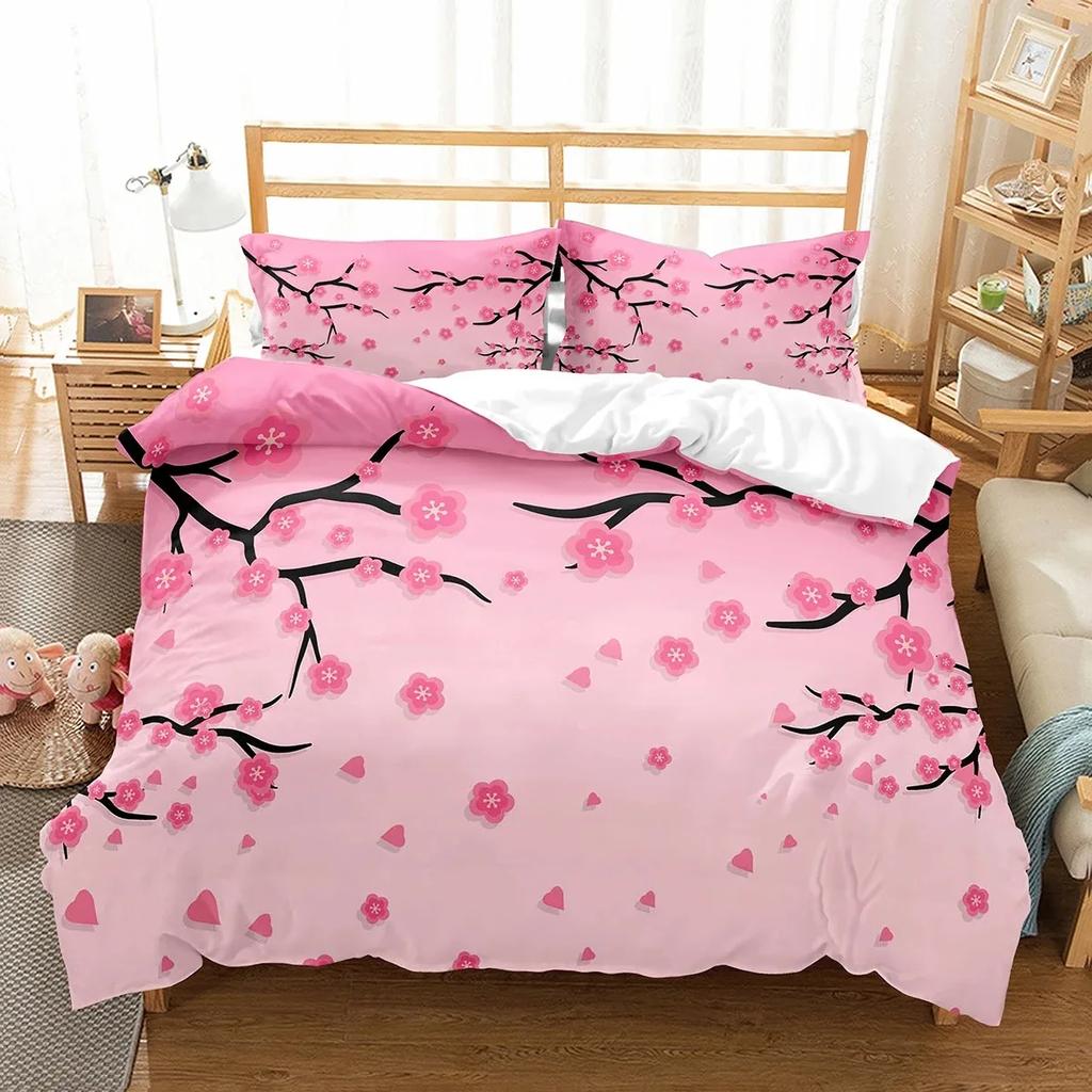 Plum Flower Duvet Cover Set Red Flower Pattern Bedding Set for Girls Women Polyester Comforter Cover Quilt Cover King Full Size
