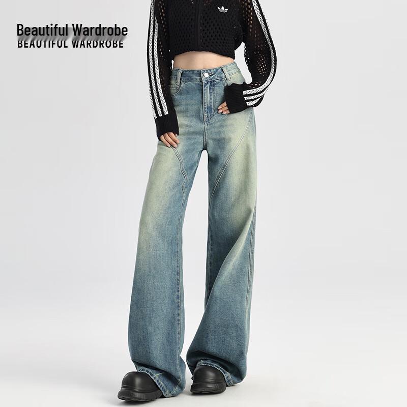 Women's Retro Blue High-Waist Loose Wide-Leg Washed Jeans