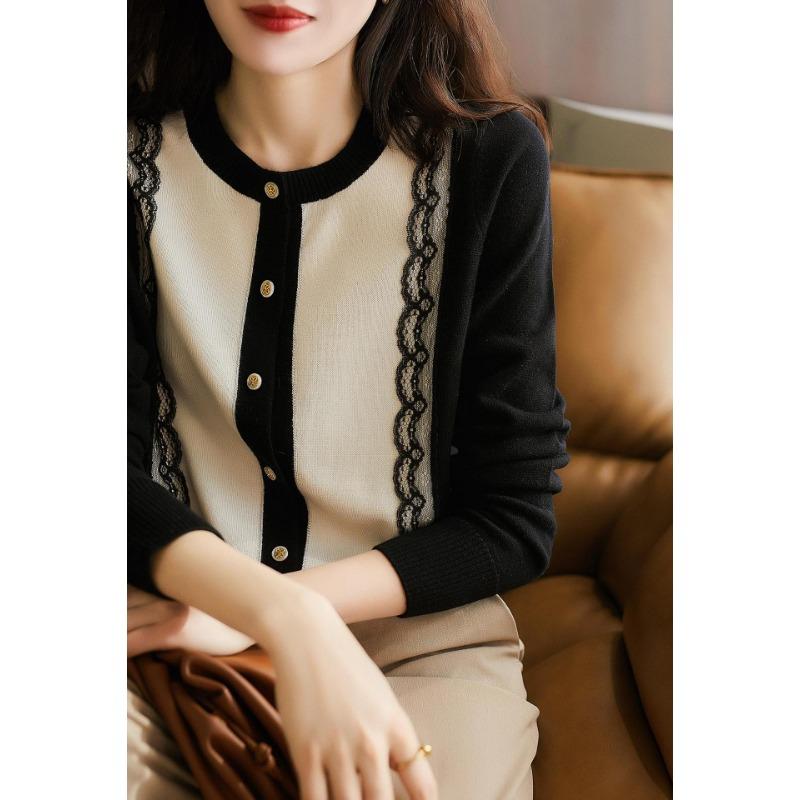 Spring Autumn Round Neck Lace Patchwork Single Breasted Knitting Coat Women Long Sleeve Cardigan Top