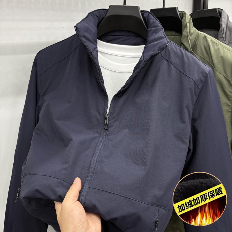 Men's Warm Velvet Jacket - Thick Stand Collar, Windproof, Solid Color Winter Coat for Middle-aged and Young Men.