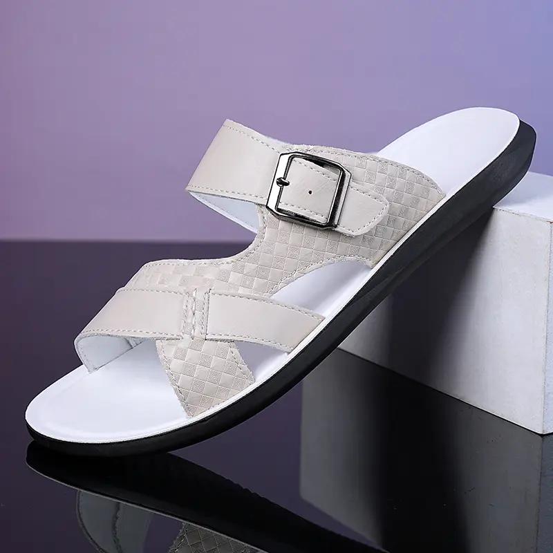 Men's Leather Slide Sandals Adjustable Buckle Casual Non-slip Summer Beach Slippers