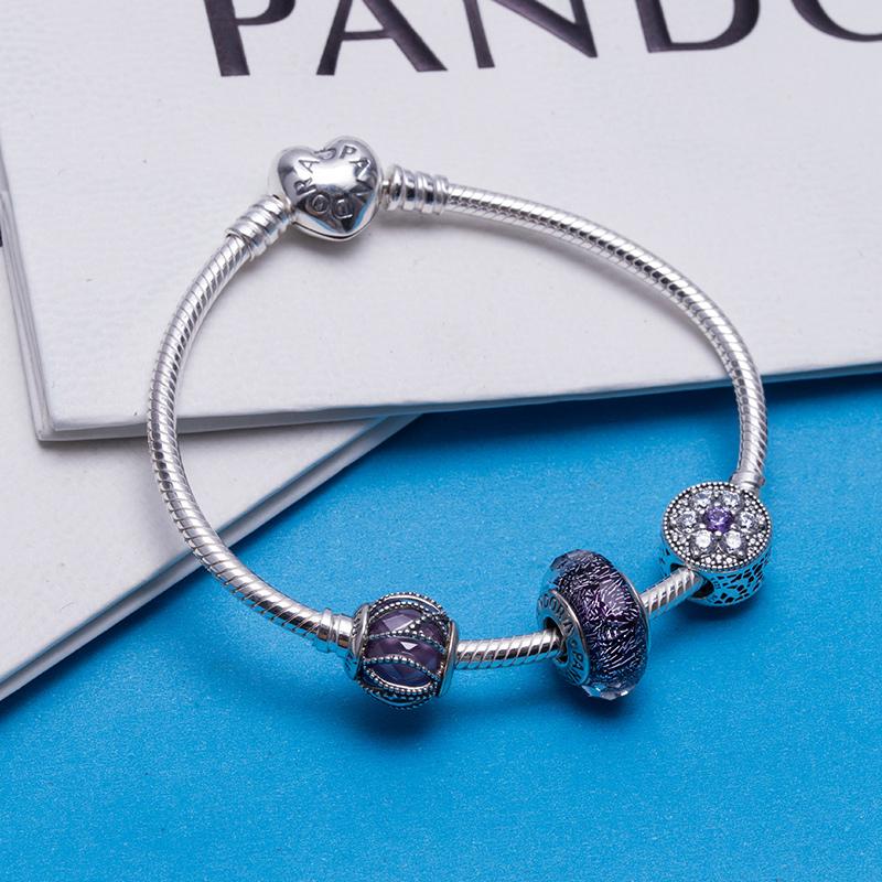 Pandora Purple Sparkling Glass Forget-Me-Not Snake Bone 925 Silver Bracelet Women's Silver PAND00042-OP