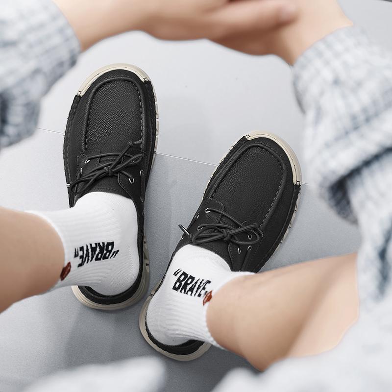 Men's Summer New Large Size Slip-On Driving Shoes Outdoor Genuine Leather Breathable Rubber Sole Square Toe Bean Bean Shoes