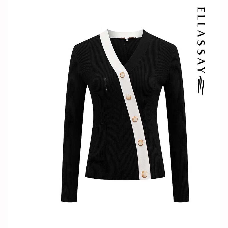 ELLASSAY Women's Contrast V-Neck Knit Sweater