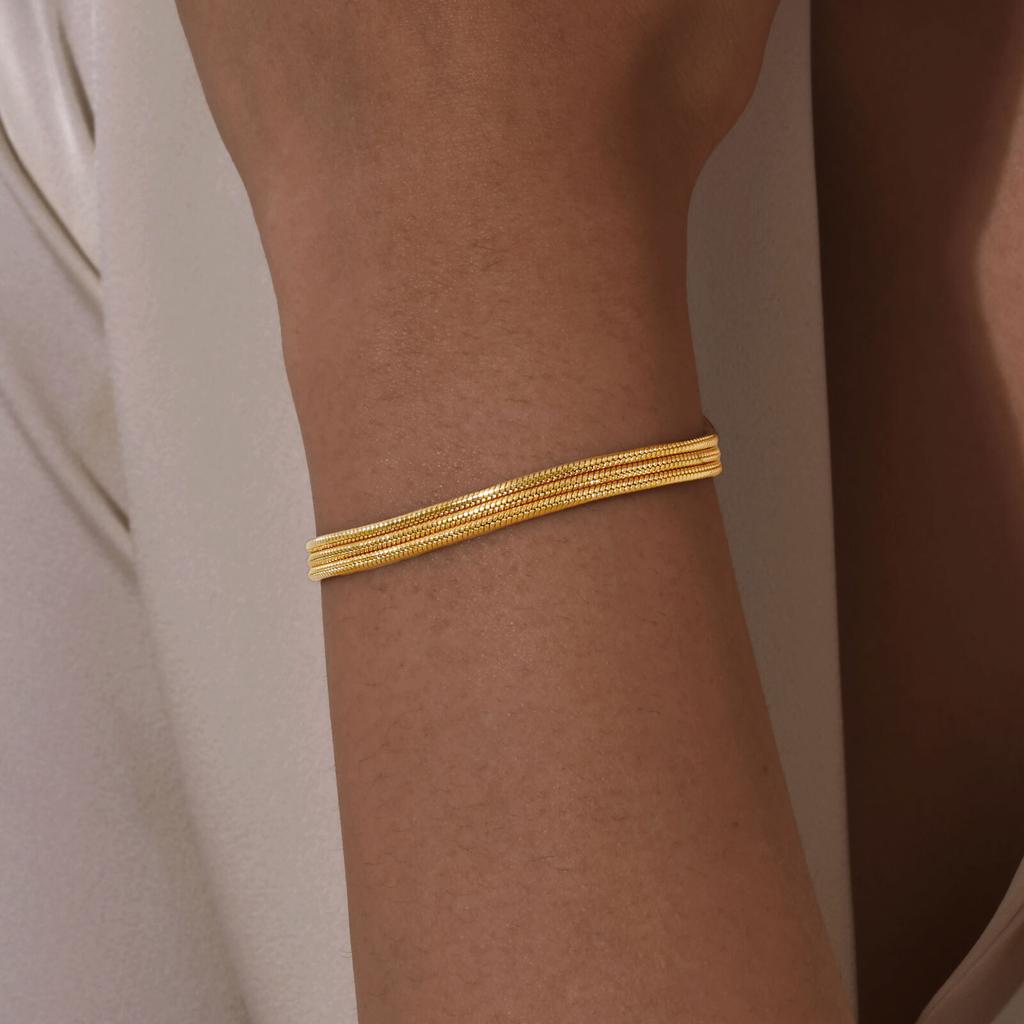 Dainty Gold Plated Bracelets for Women, Waterproof Triple Link Stainless Steel Beads Snake Chain Writs Bracelet Adjustable