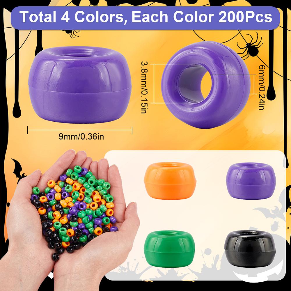800Pcs 4 Colors Halloween Opaque Plastic Beads Barrel Mixed Color 9x6mm Hole: 3.8mm