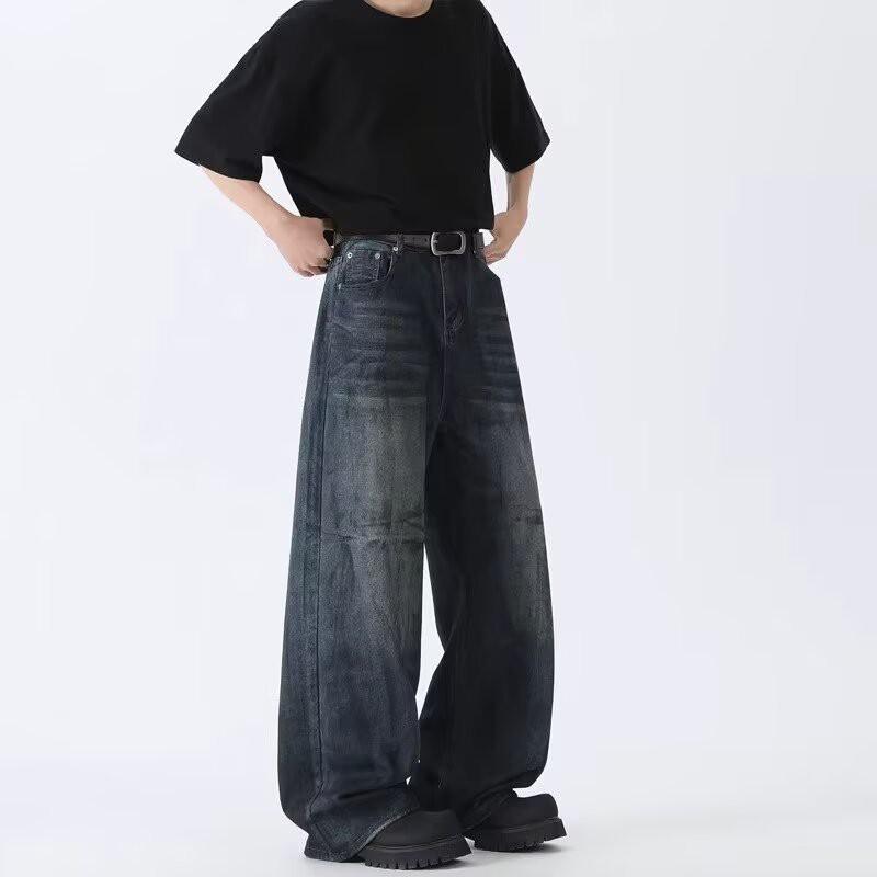 Unisex Vintage Washed Relaxed Straight Leg Denim Pants Low Waist Wide Tapered Fit Casual Jeans
