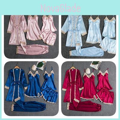 Luxurious Silk Pajama Set With Built-in Padding V Neck Elegant Five Piece Homewear In Multiple Colors For Women