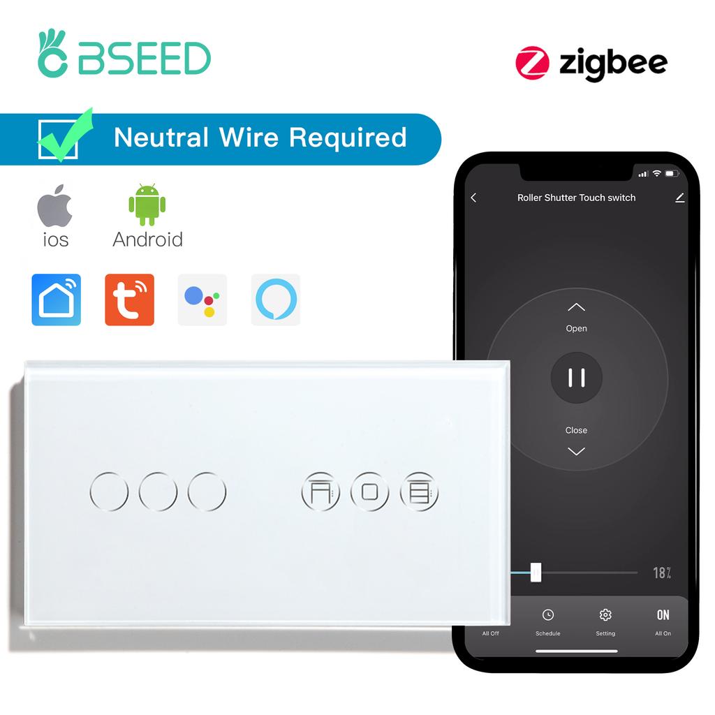 BSEED Zigbee Smart Roller Shutter Switches Light Blinds Switch Tuya Smart Life Plus French Wall Sockets USB Type-c Glass Panel