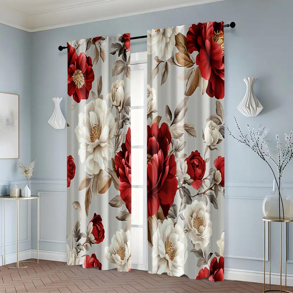 2pcs, Print Curtains 2D print Glam Style Floral Print Twill Versatile Fabric (without rod) Art Deco Festive Perfect for Bedroom,