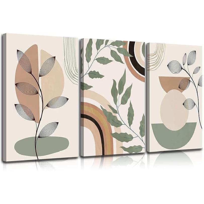 3 pcs Framed Boho Canvas Wall Art Green Sage Botanical Painting Wall Decor Pictures Mid Century Modern Minimalist poster prints for Living Room