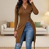 Women Spring Fall Top Zipper V Neck Long Sleeve High Split Hem Mid Length Elastic Lace Up Waist Strap Solid Color Lady Long Blouse
