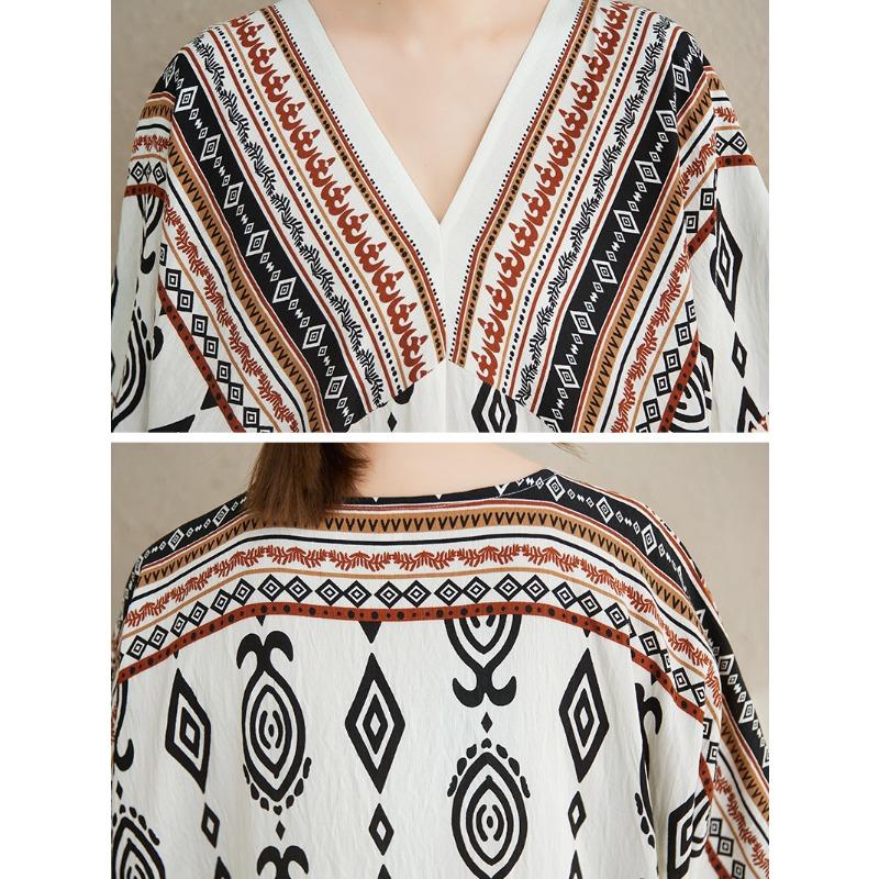 DIMANAF Summer Women New 2025 Basic Plus Size V-Neck Dress Casual Linen Printing Short Sleeve Dress Loose Dress