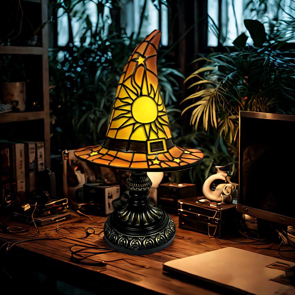 Stained Glass Witch Hat Lamp Halloween Hat Lamp Table Lamp for Living Room Home Bedroom Decorati