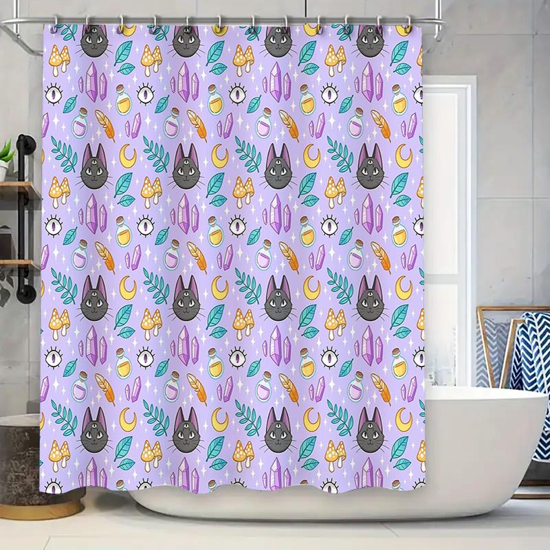 

Whimsical Cat Shower Curtain Cute Kitty Patterned Bathroom Decor Spooky Halloween Gothic Home Decor Artistic Design 90x180cm