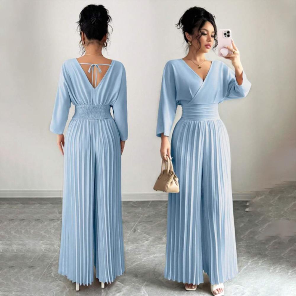 Women's V Neck Long Sleeve Jumpsuit Loose High Waist Elegant Solid Pleated Wide Leg Romper