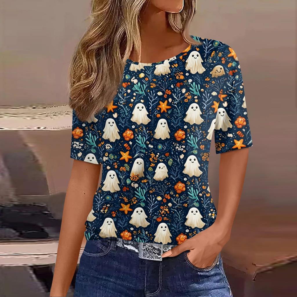 Women's Casual Short Sleeve Pullover Top Halloween Pumpkin Ghost Bat Print Round Neck Loose Fit Shirt for Autumn
