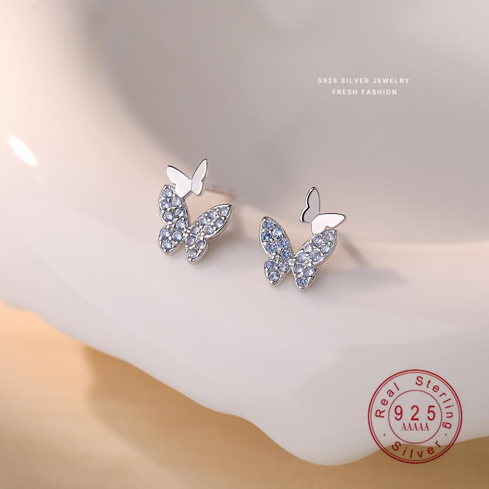 S925 Sterling Silver Blue Zircon Double Butterfly Stud Earrings, Dainty Fresh Fashion Jewelry for Wome