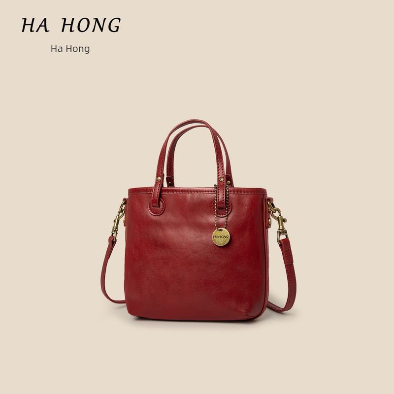 

Hahong Vegetable Tanned Full-Grain Leather Cowhide Soft Leather Shoulder Crossbody Small Square Bag Minimalist Retro Tote Bag Large Capacity Versatile Red