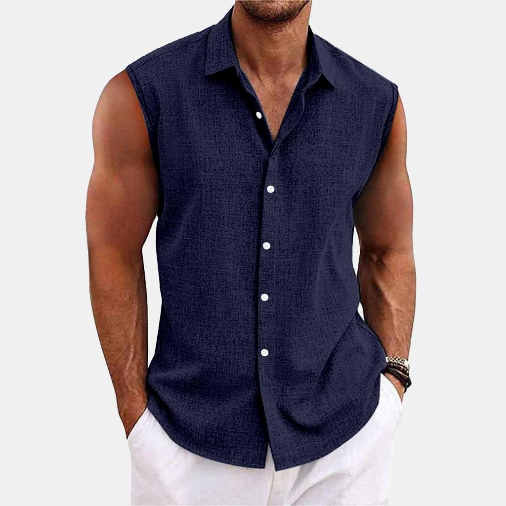 Men's Solid Color Lapel Button Up Vest Shirt T-shirt Top