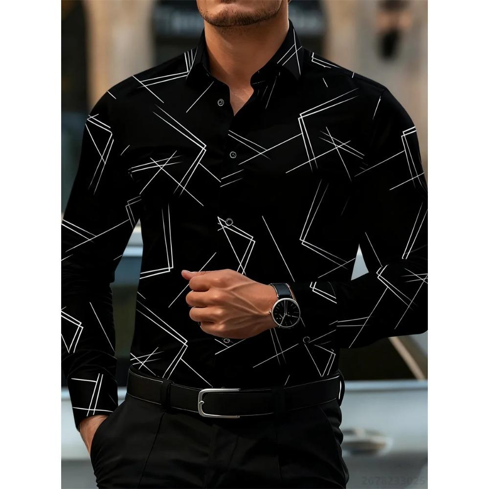 Herren Trendiges Geometrisches Linienmuster Langarmhemd Business Casual Modedesign Slim Fit Bügelfrei Vielseitiges Hemd im Ins-Stil