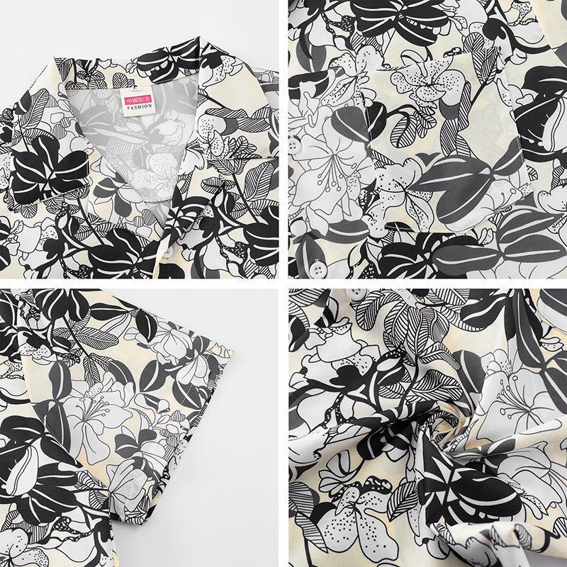 Black & White Tropical Leaf Print Cuban Collar Short Sleeve Shirt - Trendy Hong Kong Style Loose Casual Top
