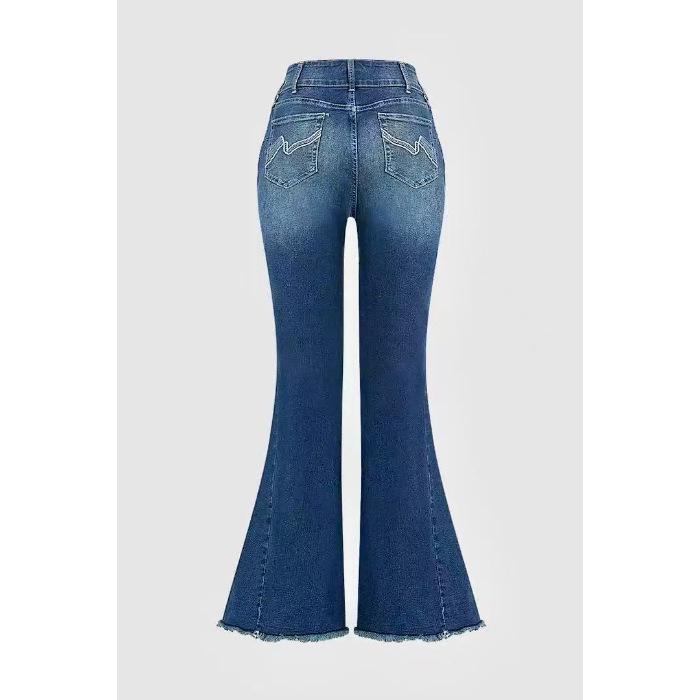 Women s High-Waisted Stretch Bootcut Embroidered Jeans with Frayed Hem M