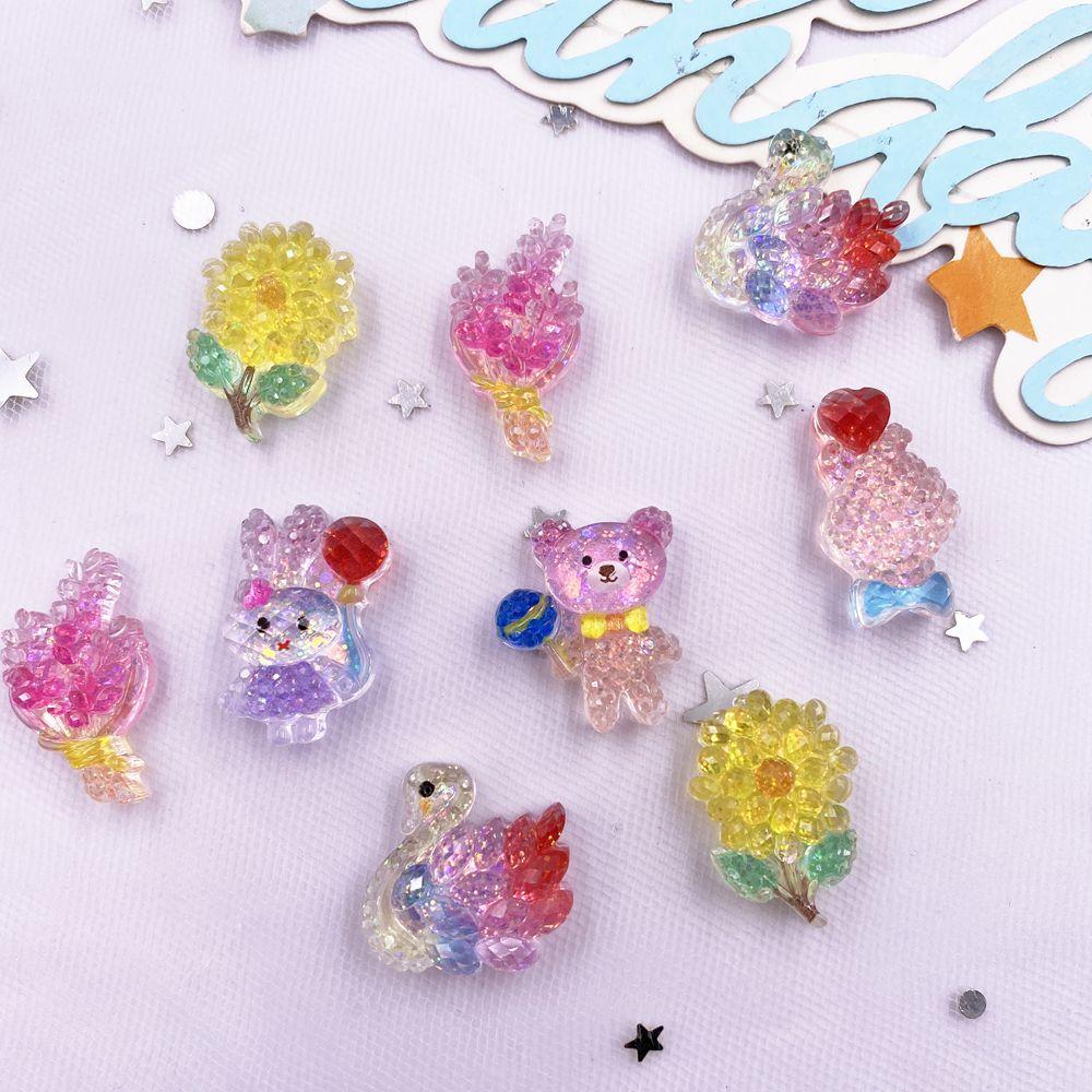 10PCS Resin Colorful Glitter Cartoon Crystal Balloon Bear Rabbit Swan Heart Flower Figurine Flat Back Scrapbook DIY Crafts Decor
