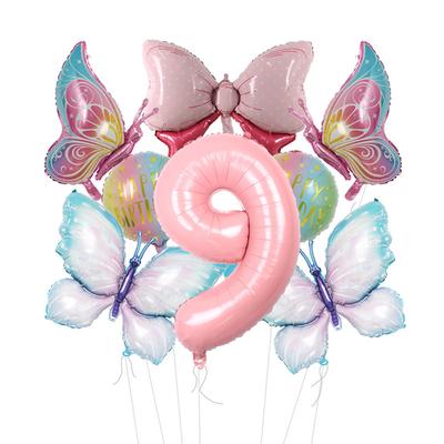 Blue Pink Butterfly Aluminum Film Balloon 32 Inch Digital Set Pink Bow Children'S Party Balloon Decoration