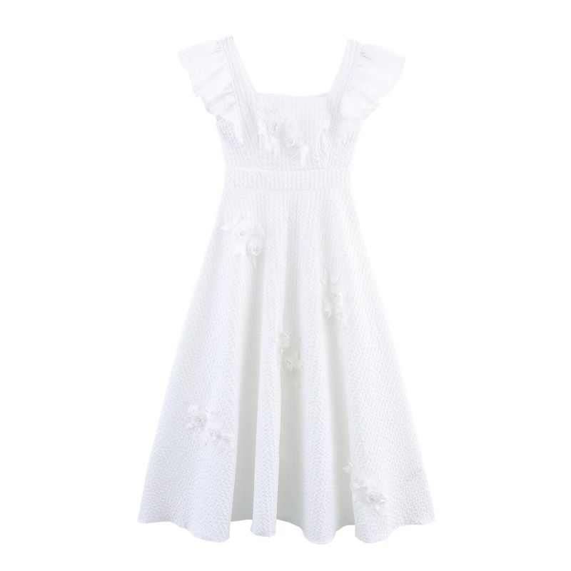 

Kaslead New Women clothes Western Style Fashion Temperament Elegant Texture Three-dimensional Flower Decoration Dress White XL