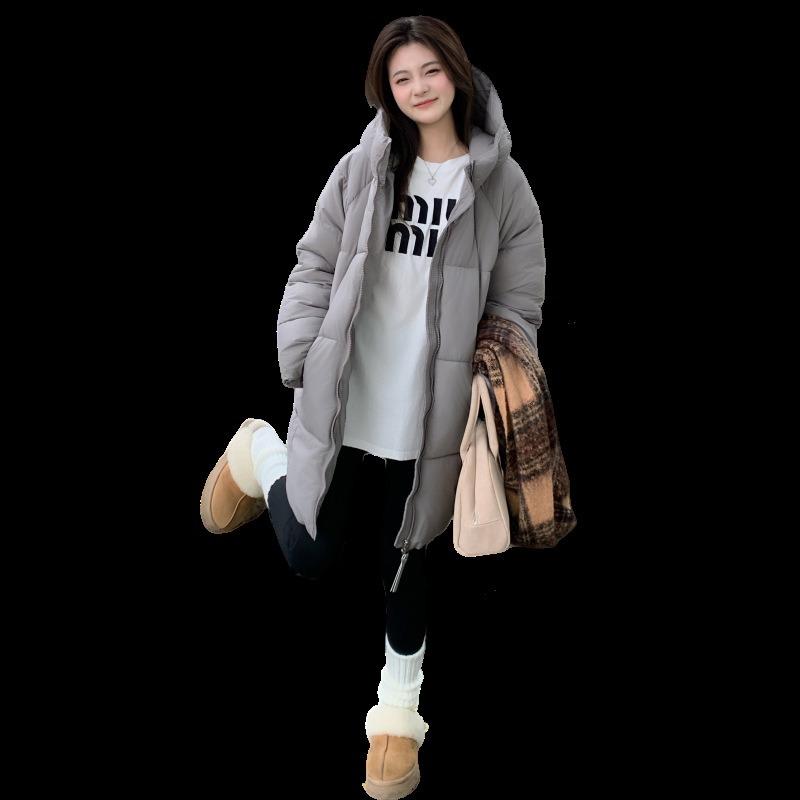 New down cotton cotton jacket women's long versatile puffs solid color hooded fresh winter thickened coat