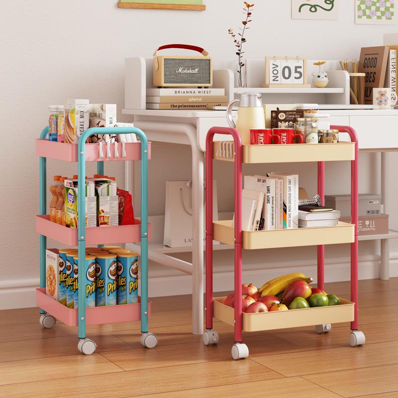 Carbon Steel Multi-layer Rotating Kitchen Storage Rack - Movable, Punch-free, Floor-standing Trolley for Multiple Scenes. Beige