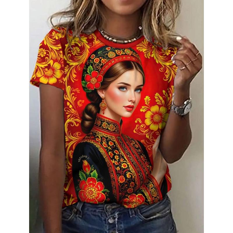 Russian Girl T-Shirts Floral 3D Print Summer Women Casual Round Neck Short Sleeve T Shirt Tees Harajuku Y2K Tops Female Clothing